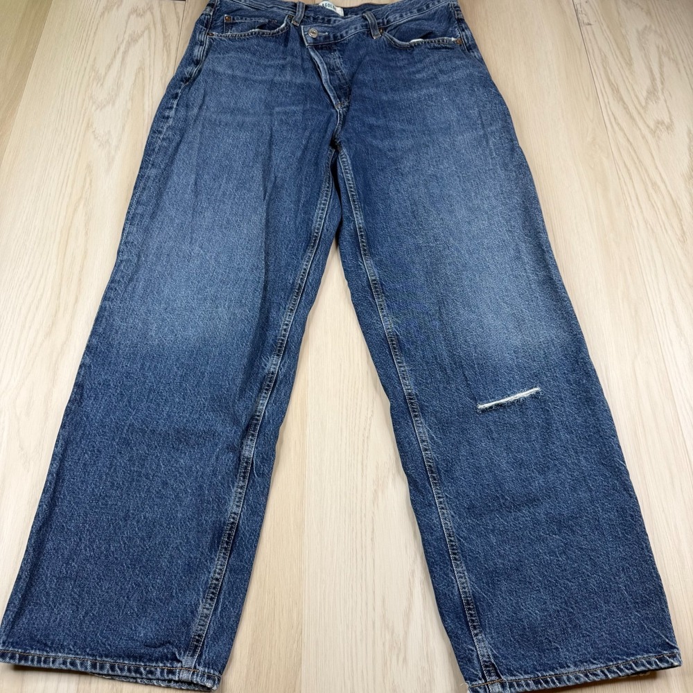 AGOLDE Womens Control Blue Distressed High Rise Criss Cross Straight Jeans Sz 31